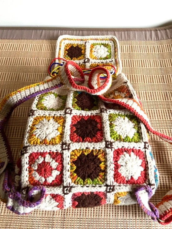Handcrafted Cream Multicolor Crochet Backpack - Picture 6 of 8